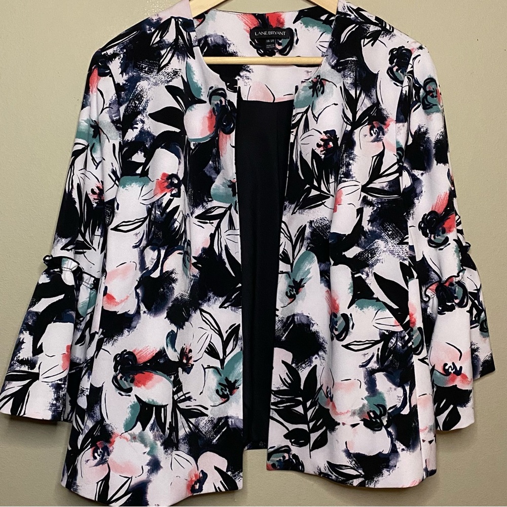 Lane Bryant Open Front Jacket Women 18/20 White Black Floral Artsy Office Church